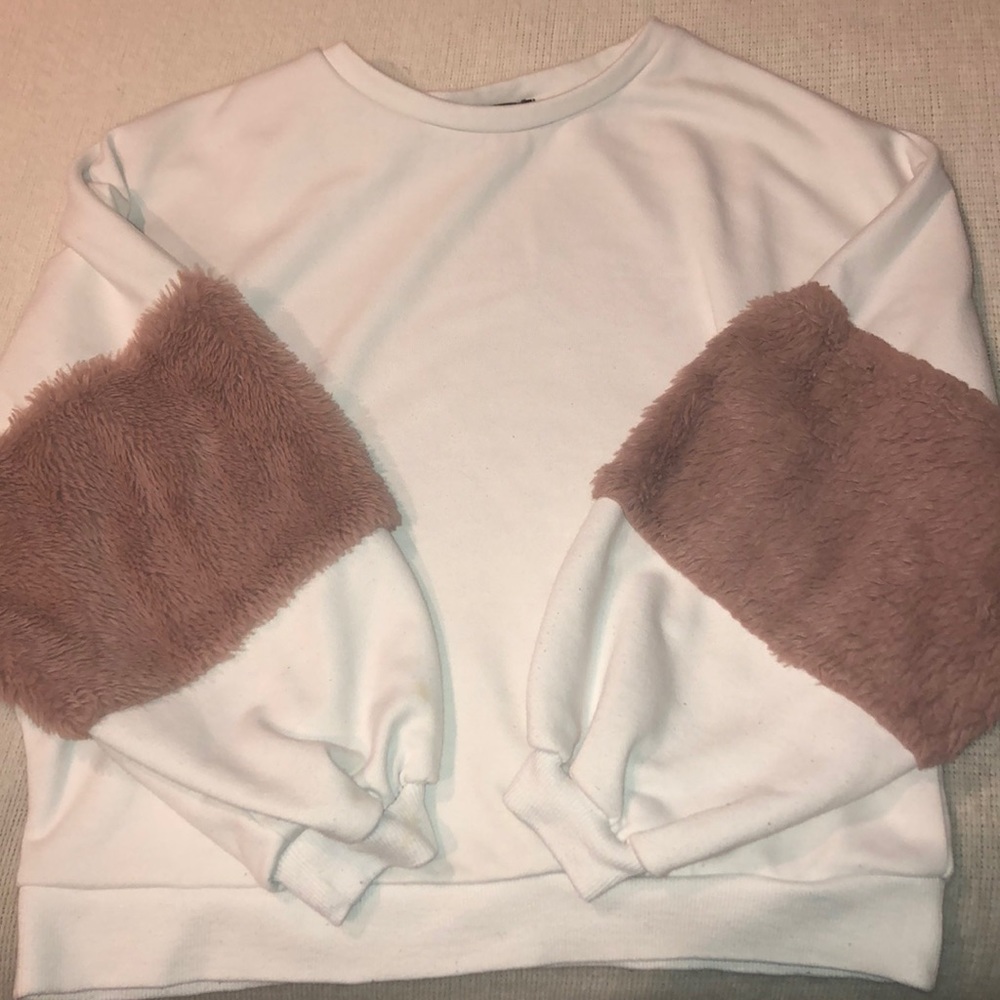 Shein White Pullover with Faux Fur Arms